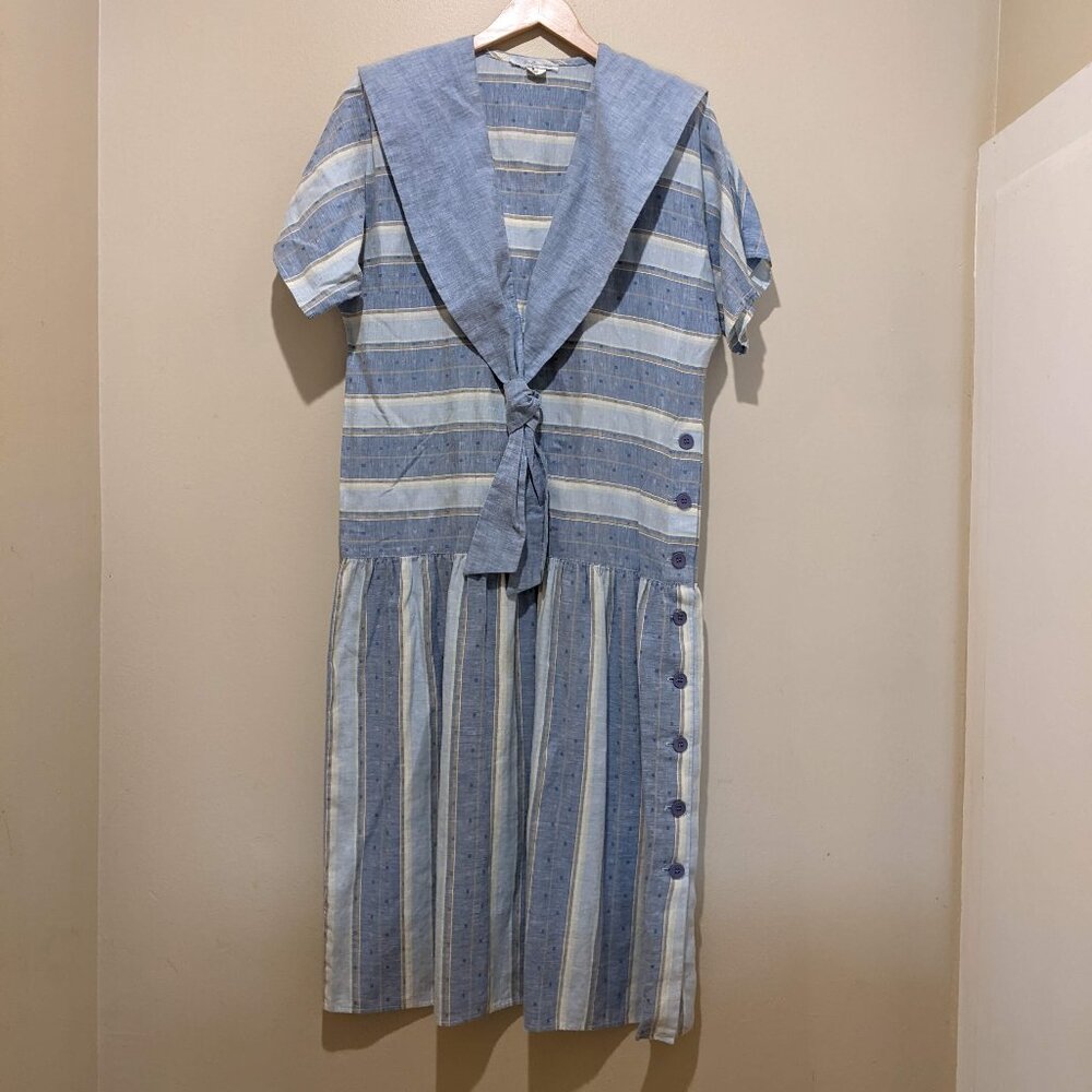 Vintage 80's Nautical Collar Sailor Low-waist Dress Short Slv Side Button Up 8M